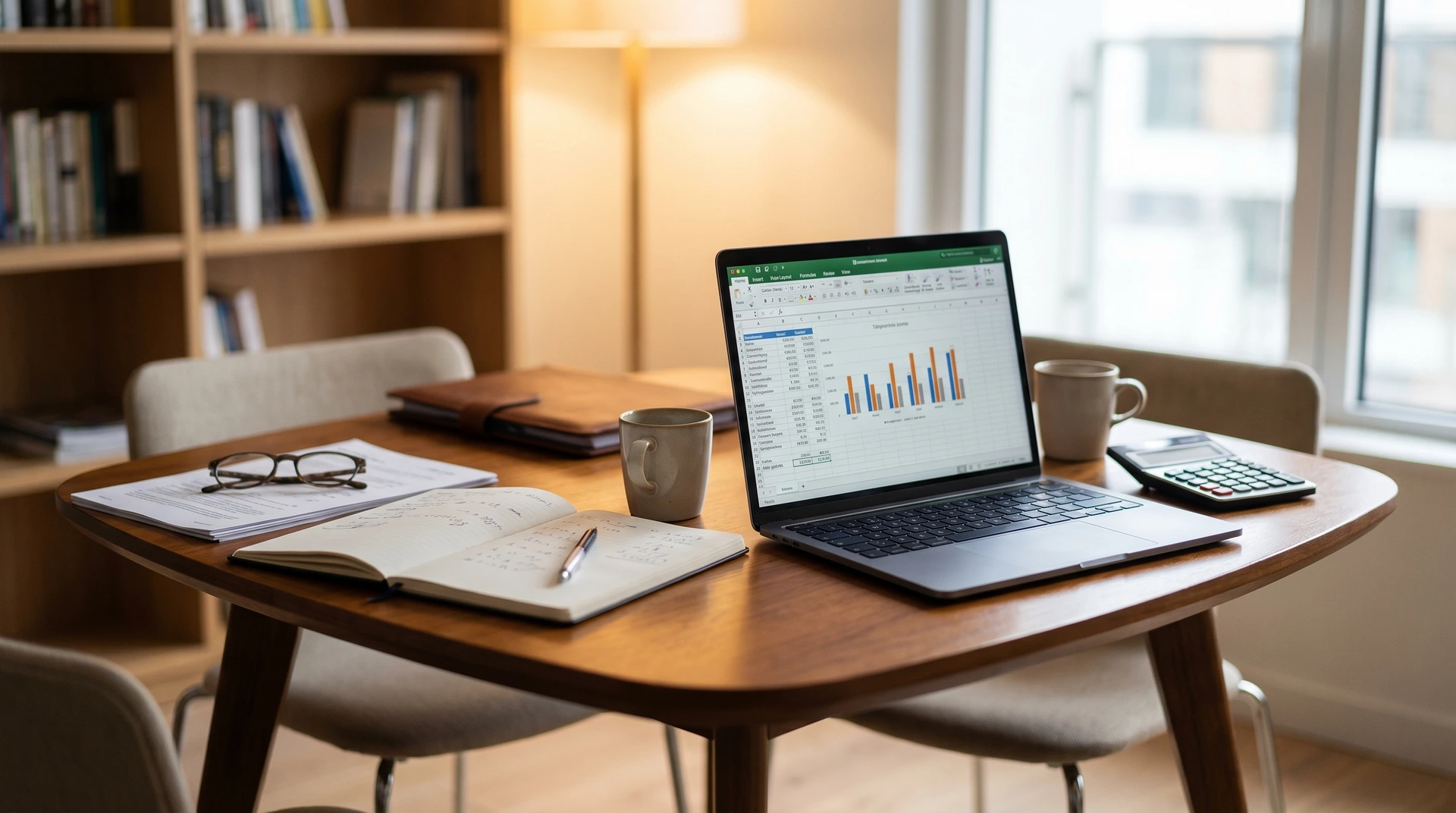Laptop med Excel-kalkylblad på skrivbord med anteckningsbok och kaffekopp.